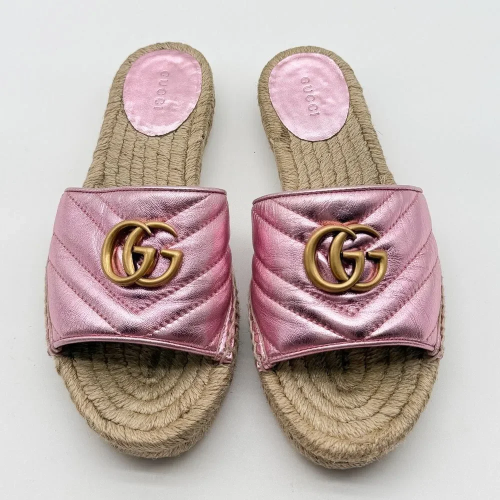 Gucci Pilar GG Marmont Metallic Rosa Leather Espadrille Slide Sandals EU 37 US 7
